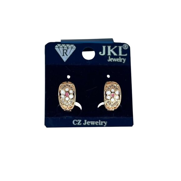 Gold Hoop Earrings with Pink & White Enamel Elegant Filigree Vintage Design - Picture 6 of 6